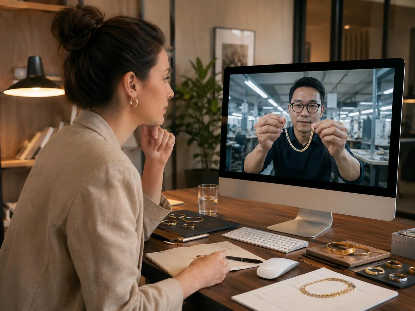 A brand owner vetting a custom jewelry supplier via a live factory video conference call.