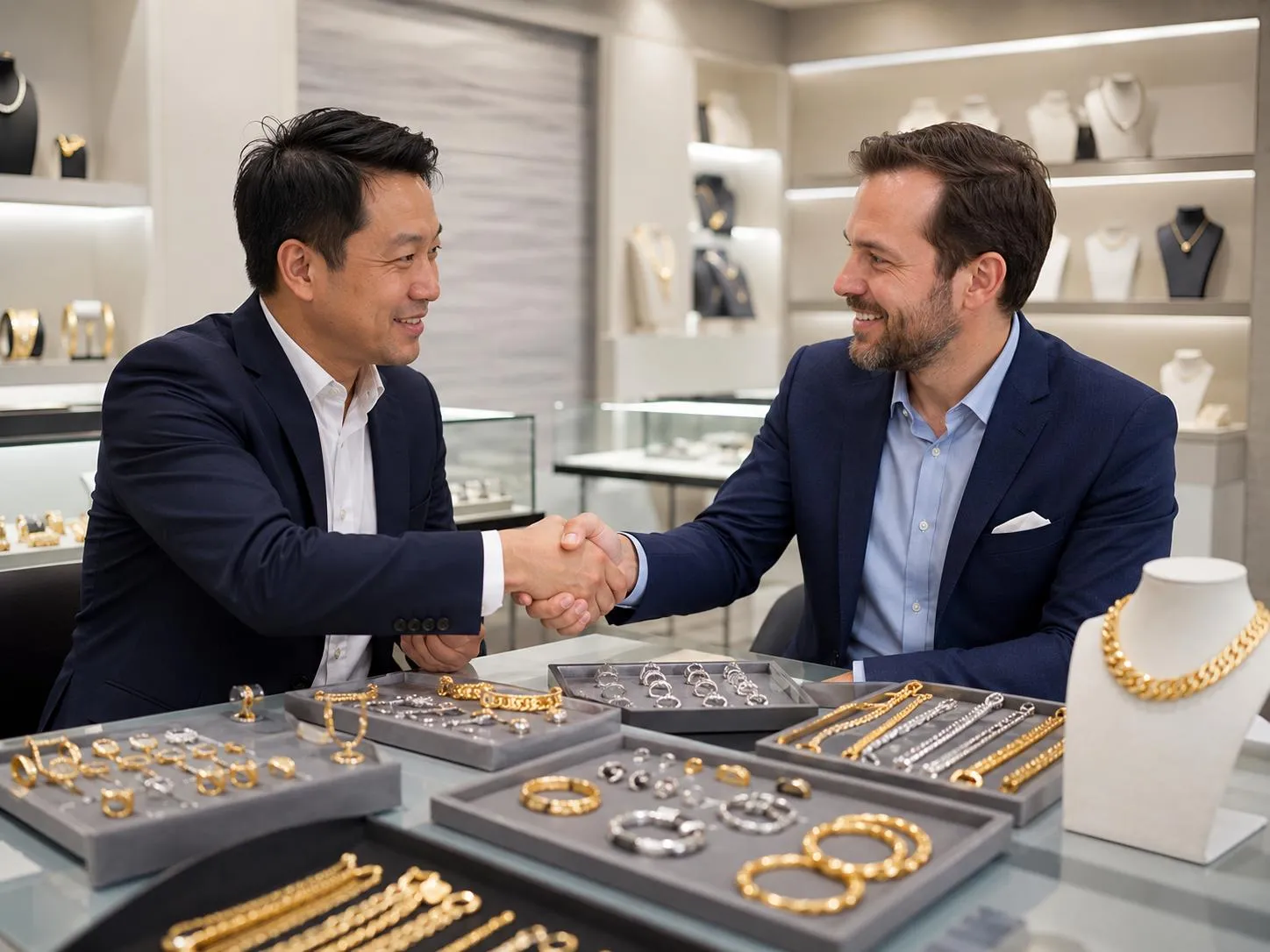 A jewelry brand founder shaking hands with a trusted custom jewelry manufacturer representative in a showroom.
