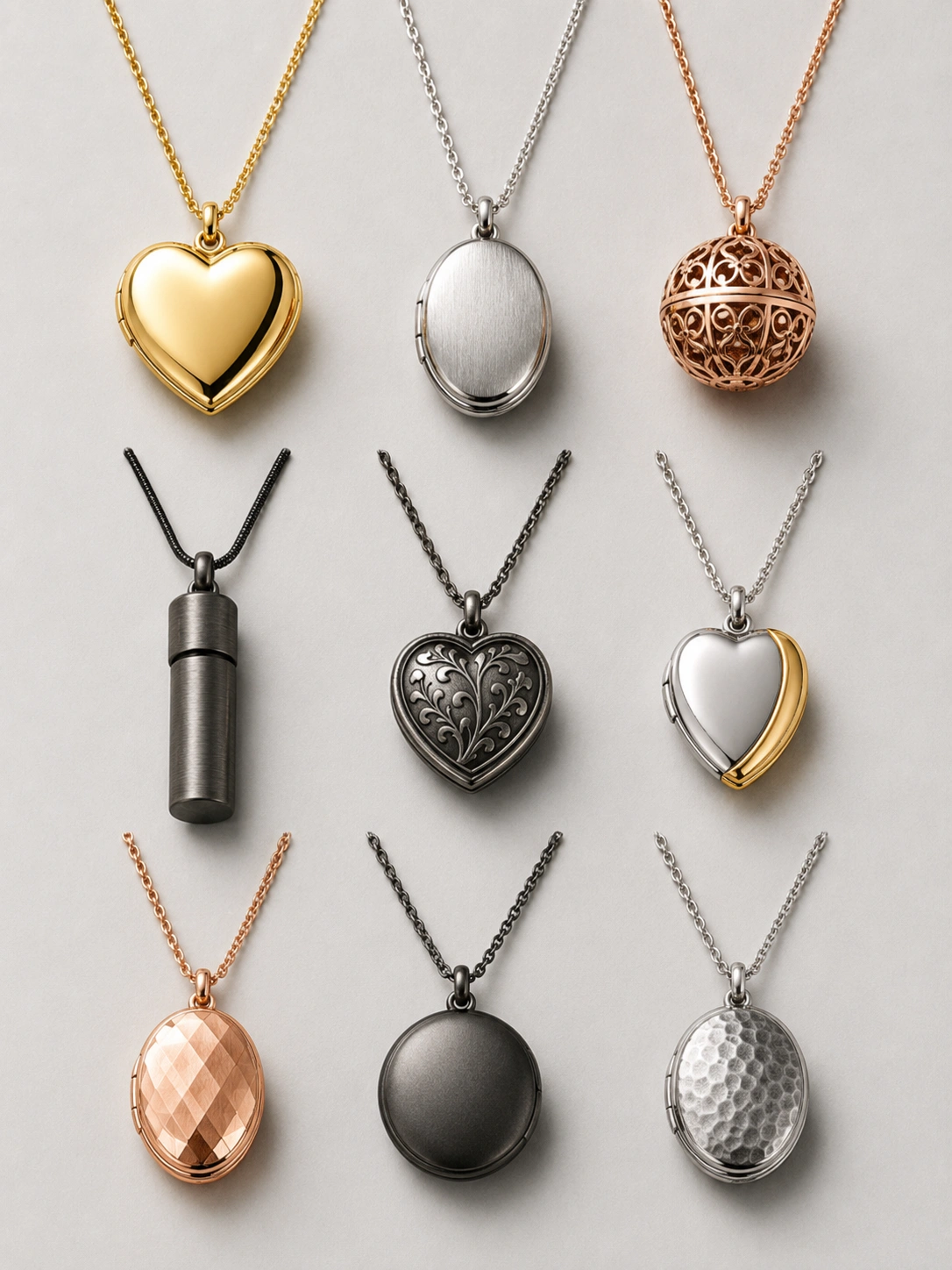 Surface finish options for stainless steel locket pendants, including polished, brushed, hammered, antique and textured effects for bulk OEM and ODM production.
