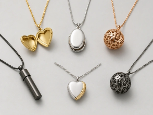 Custom locket necklace pendant color options shown in silver, PVD gold, rose gold, black, gunmetal and two-tone finishes for private label jewelry brands.