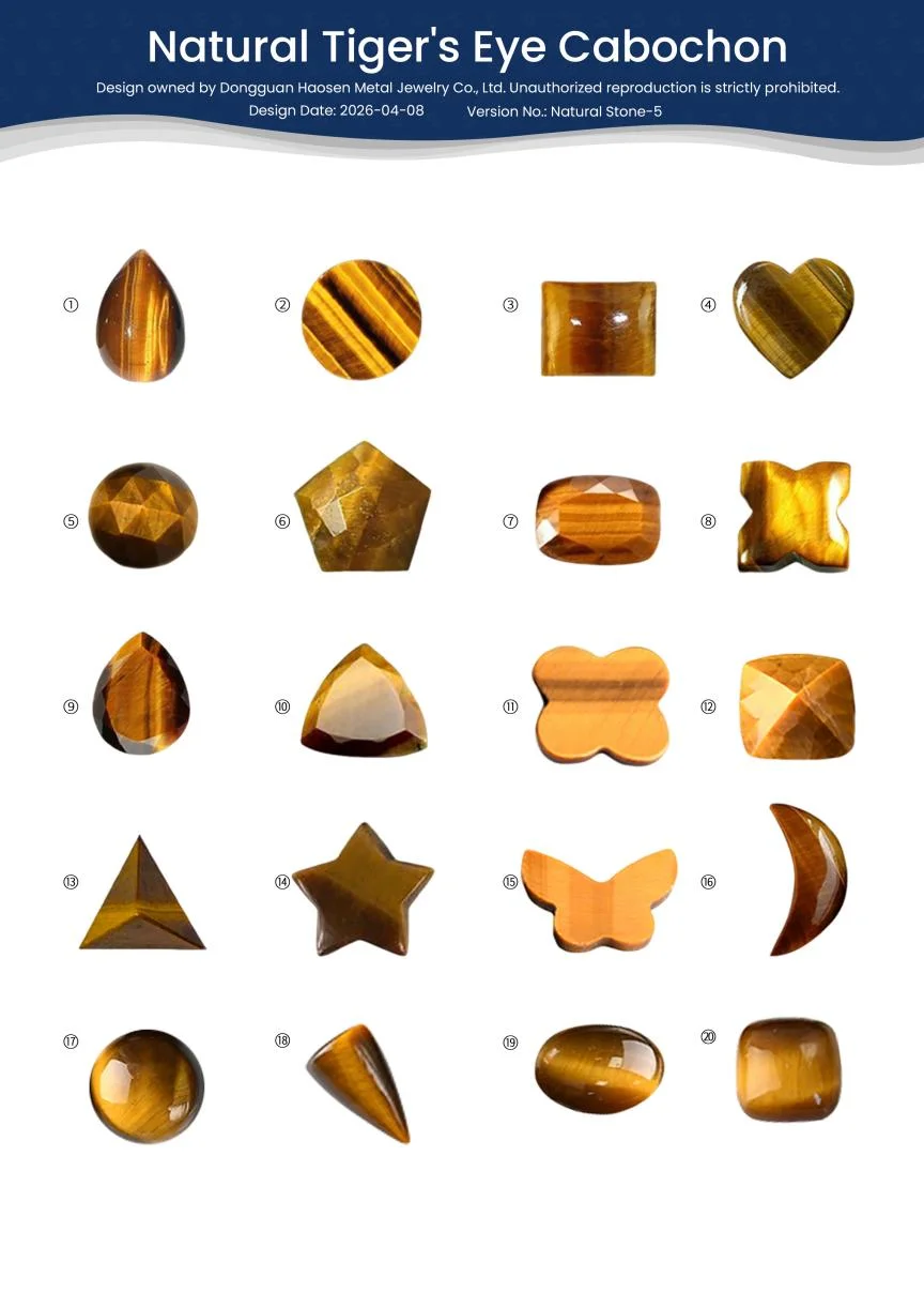 A jewelry design chart displaying 20 custom shapes of natural tiger's eye cabochons by Dongguan Haosen Metal Jewelry.