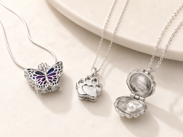 custom-nature-stainless-steel-locket-necklace-collection Custom stainless steel locket necklace collection featuring butterfly, paw-print and shell designs for OEM jewelry brands