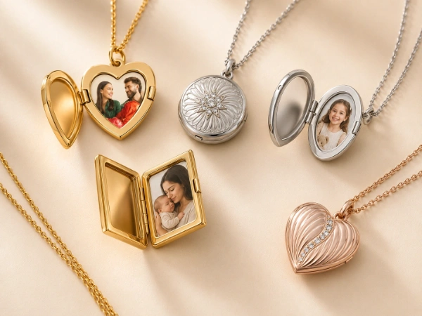 Custom stainless steel photo locket necklaces in heart, round and rectangular styles with single-photo and multi-photo interiors for private label jewelry brands.