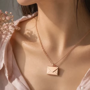 Custom stainless steel locket necklace with a rose gold envelope pendant worn by a female model, private label OEM jewelry manufacturer