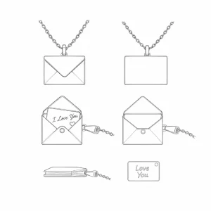Custom stainless steel locket necklace with a rose gold envelope pendant worn by a female model, private label OEM jewelry manufacturer. Design Image.