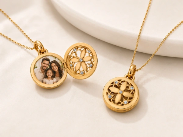 custom-round-stainless-steel-locket-necklace-floral-design Custom round stainless steel locket necklace with floral cutout details, crystal accents and an internal photo frame