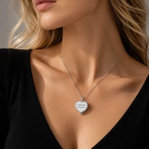 Custom stainless steel locket necklace with a polished silver heart pendant and Love You Forever engraving, OEM and ODM jewelry manufacturer