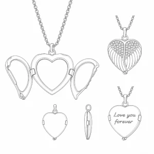 Custom stainless steel locket necklace with a polished silver heart pendant and Love You Forever engraving, OEM and ODM jewelry manufacturer. Design Image.