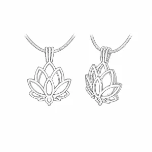 Custom stainless steel locket necklace with a silver lotus design worn by a female model, OEM and ODM jewelry manufacturer for custom brand collections. Design Image.
