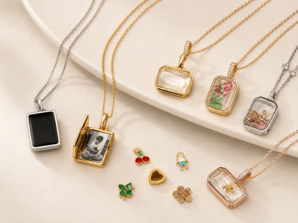 custom-square-stainless-steel-locket-necklace-photo-options Custom square stainless steel locket necklace collection with photo compartments and multiple plating options for B2B jewelry brands