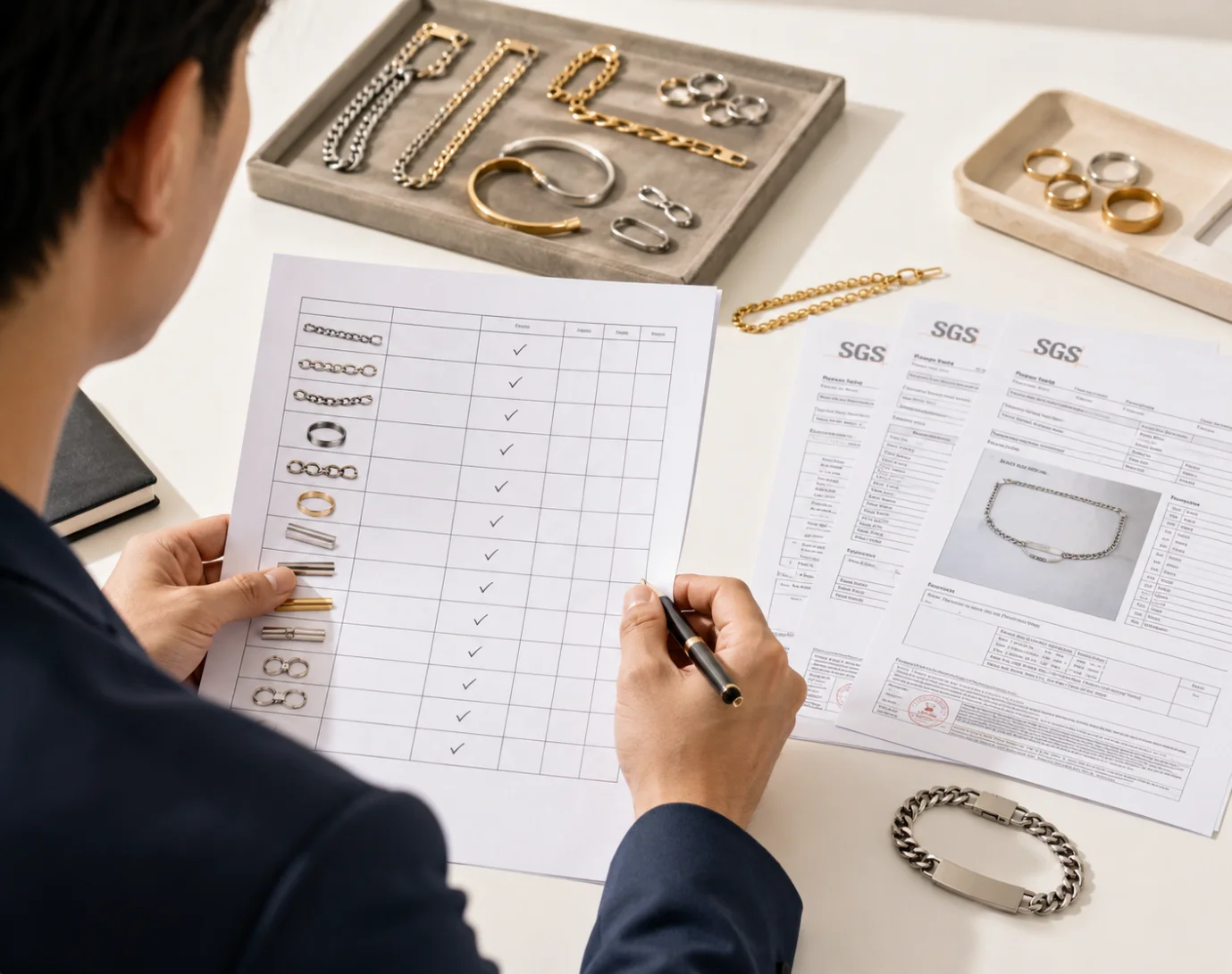 A buyer reviewing a custom stainless steel jewelry manufacturer's checklist with SGS test reports and 316L stainless steel jewelry samples on a white desk.