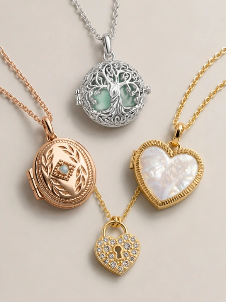Custom stainless steel locket necklace decorative options featuring CZ stones, mother-of-pearl inlay, resin, relief details and cut-out designs for OEM jewelry collections.