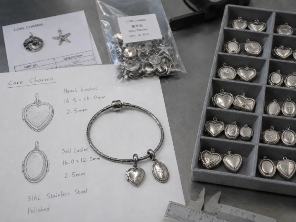 Custom stainless steel locket necklace development with technical drawings and product samples for OEM and ODM jewelry manufacturing and private label brands