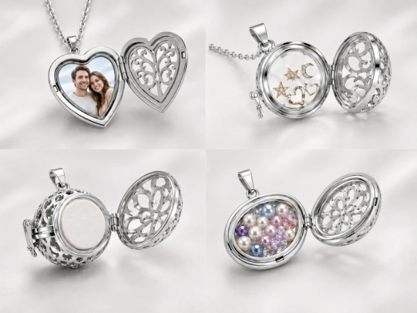 Custom stainless steel locket necklace interior configuration options showing photo inserts, floating charms, diffuser pads and decorative bead compartments for OEM jewelry collections.