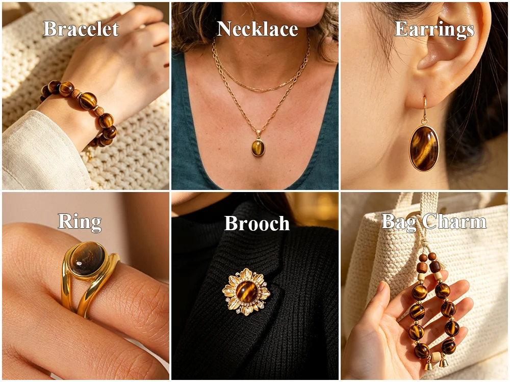 A collection of tiger eye jewelry including a beaded bracelet, cabochon necklace, earrings, gold ring, brooch, and bag charm.