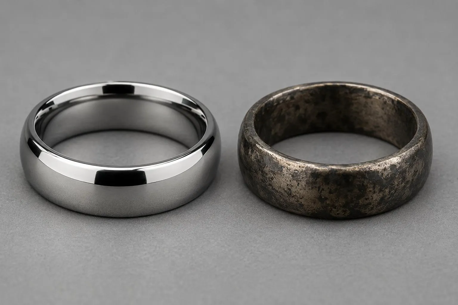A side-by-side comparison of a shiny 316L stainless steel ring and a heavily tarnished metal ring showing why stainless steel resists tarnish.
