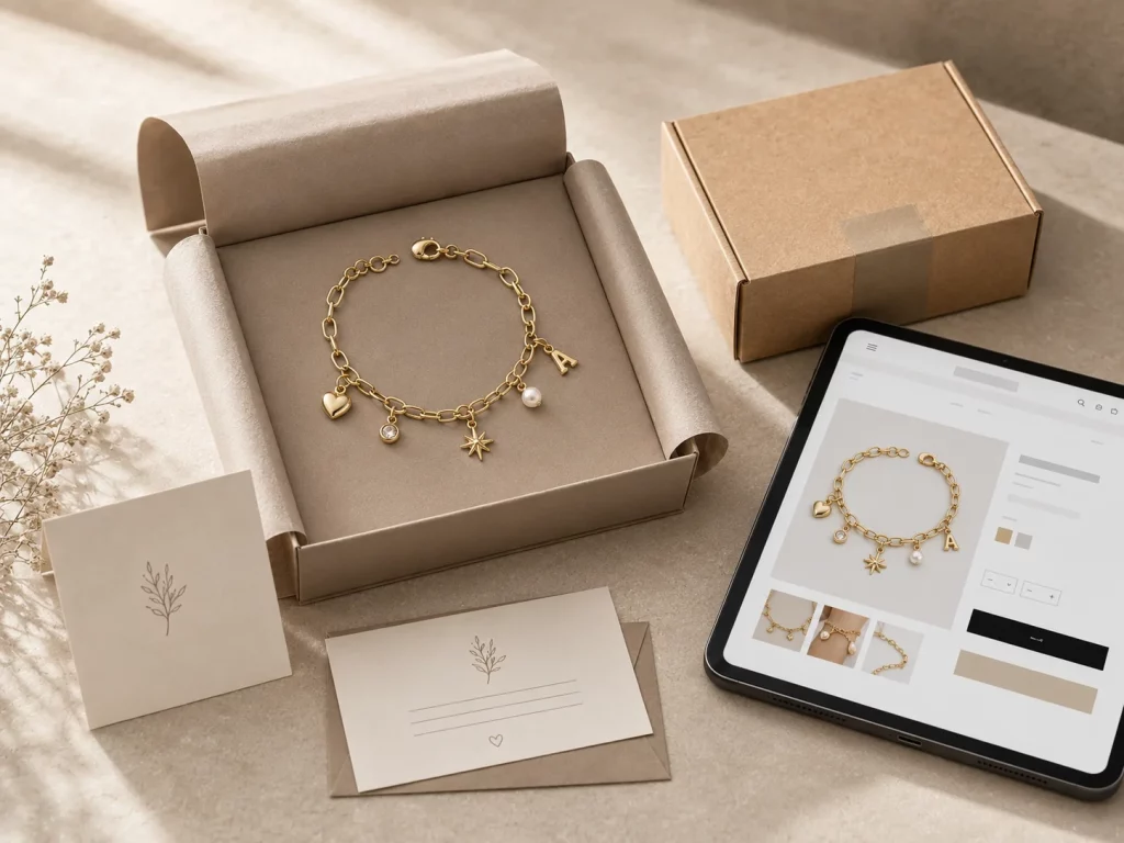 DTC charm bracelet selling scene for jewelry brands featuring custom necklace packaging, website product page layout, order card, shipping mailer and OEM jewelry manufacturer service
