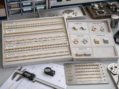 Existing chain and clasp options for custom charm bracelet manufacturing, including cable, curb, paperclip, rope and Figaro chains for OEM jewelry brands