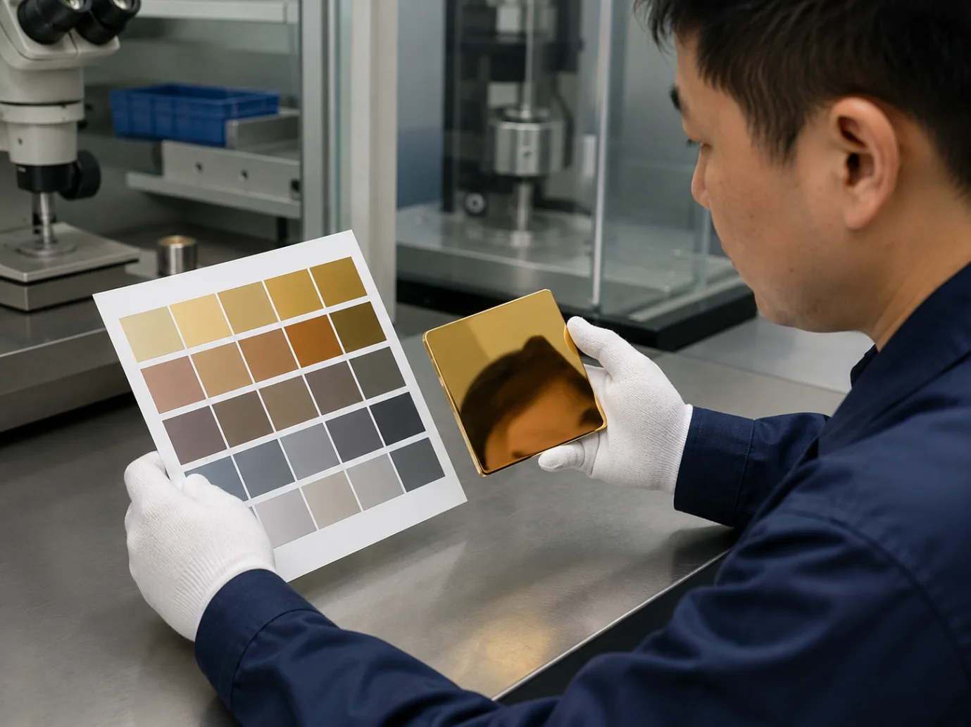 Quality control inspector matching a PVD gold plated sample with a digital tone chart in a jewelry factory