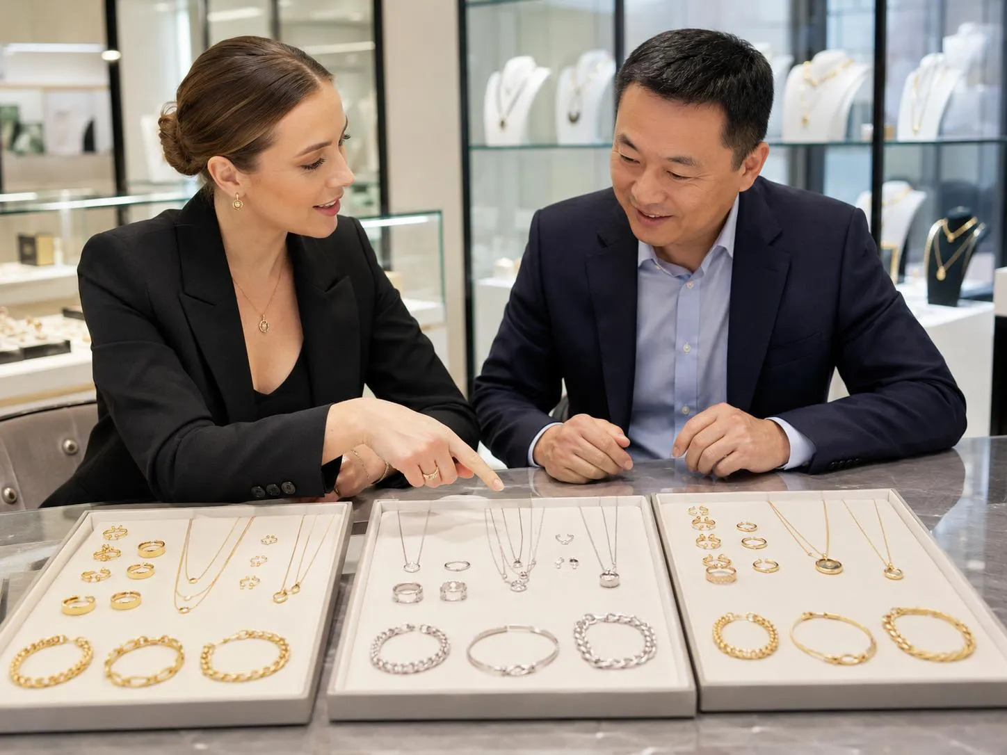 A client reviewing gold and silver collections with Haosen, a flexible private label and OEM jewelry manufacturer.