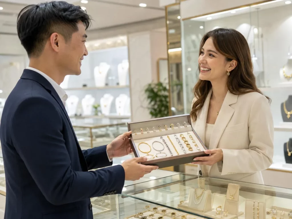 A business partner presenting a custom jewelry collection box to a small brand owner in a well-lit showroom.