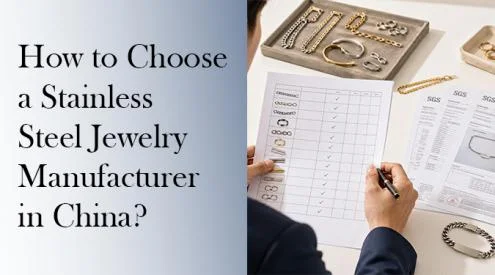 A professional checking a quality control checklist next to SGS test reports, with various stainless steel chains and jewelry samples displayed in the background, illustrating how to choose a jewelry manufacturer in China.