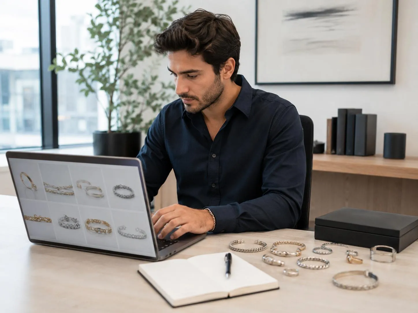 A brand founder researching custom jewelry manufacturer options on a laptop with rings and chains on the desk.