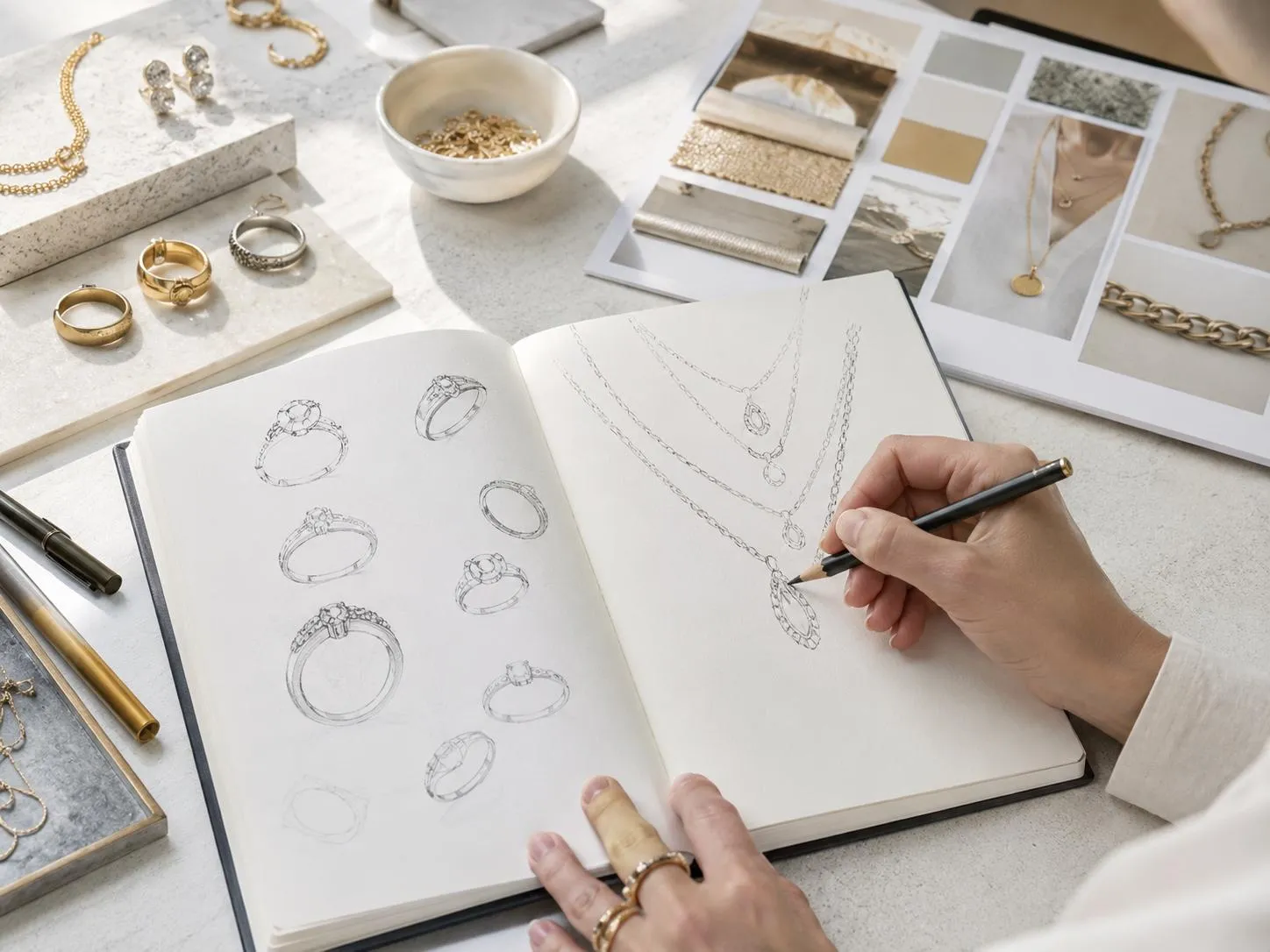 A designer sketching custom ring and necklace designs in an open notebook for startup jewelry lines.