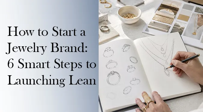 Blog banner for how to start a jewelry brand showing a designer sketching custom rings and necklaces in a notebook.