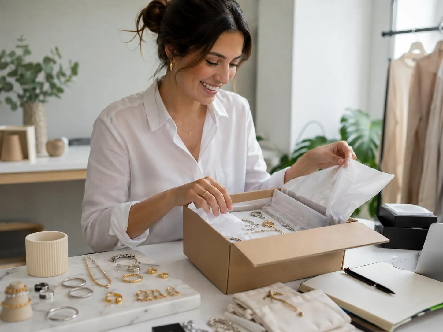 A smiling jewelry brand founder unboxing private label jewelry samples from her low-MOQ manufacturer.