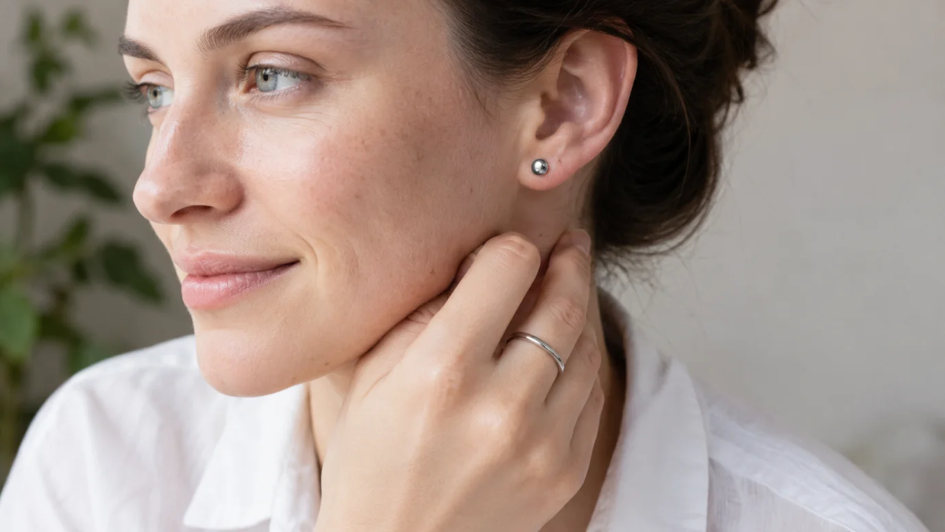A woman with sensitive skin wearing a hypoallergenic stainless steel stud earring and a minimalist silver ring.