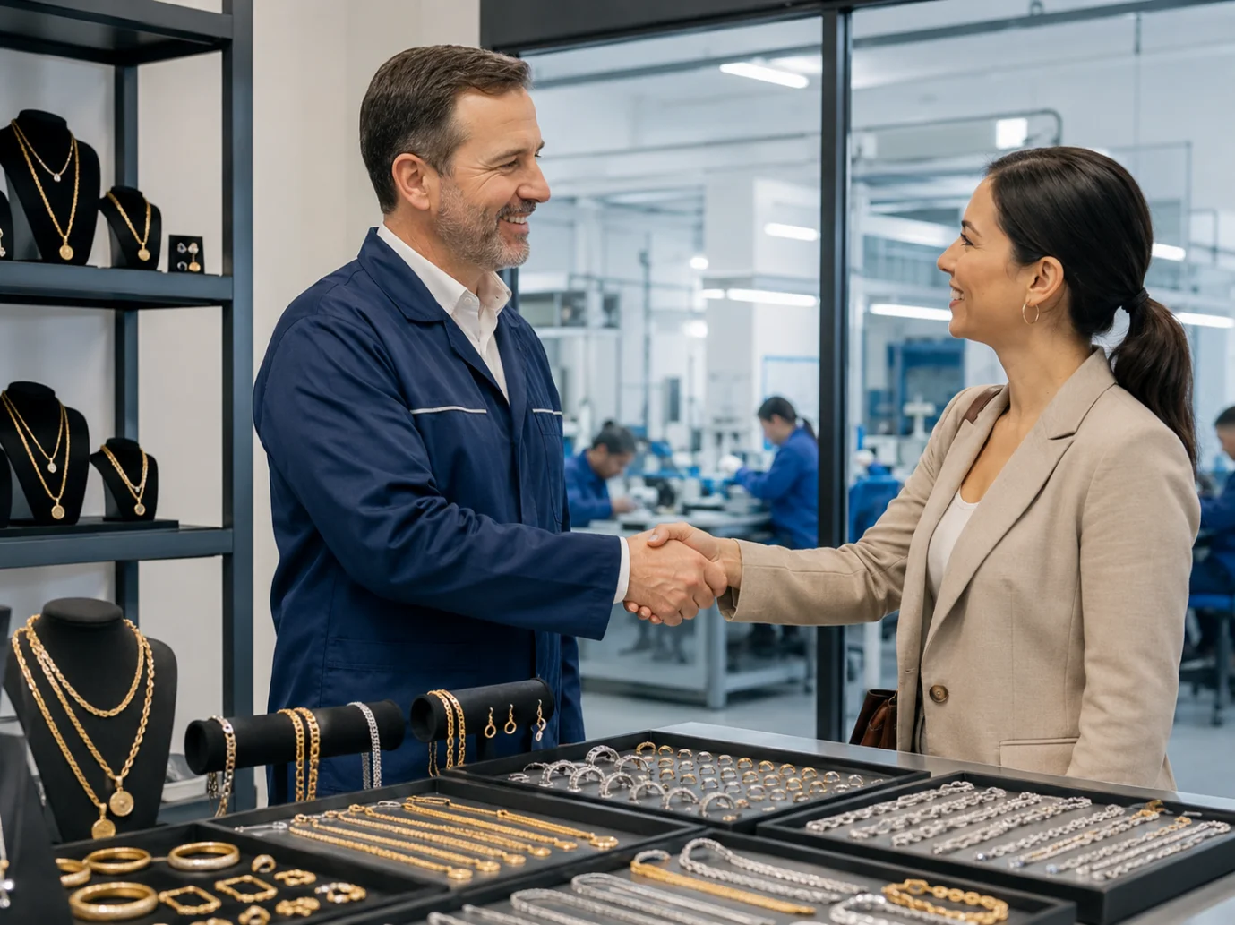 A jewelry brand buyer shaking hands with a direct factory representative in a showroom displaying hypoallergenic stainless steel jewelry ranges.