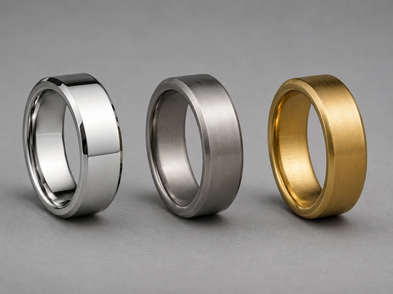 Three metal rings side-by-side, comparing a polished silver 316L stainless steel ring, a matte titanium ring, and a gold brass ring.