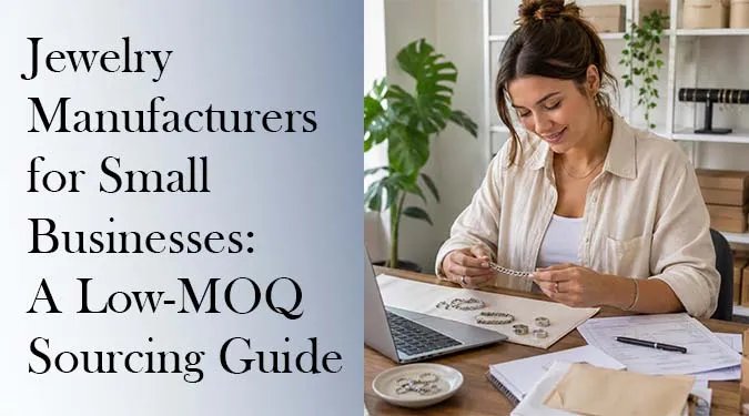 Jewelry Manufacturers for Small Businesses: A Low-MOQ Sourcing Guide featuring a female boutique owner inspecting silver chain bracelets.