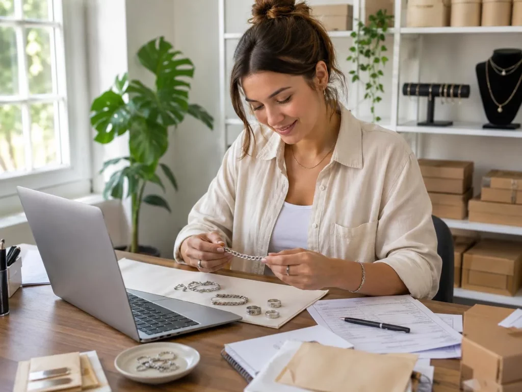 A small business owner reviewing silver-tone bracelet and ring samples from a low MOQ jewelry manufacturer.