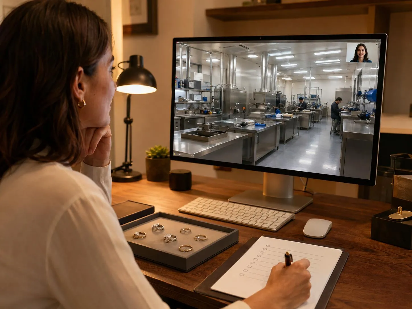 A jewelry business owner vetting a direct factory workshop via a live video call to avoid traders.