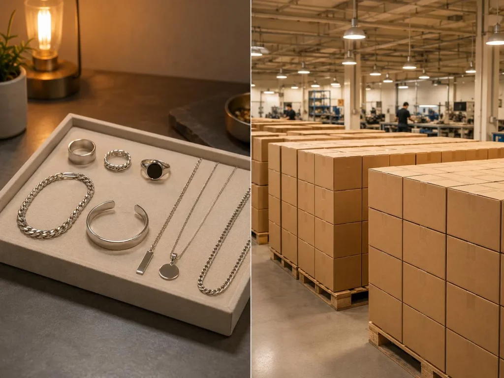 A comparison side-by-side showing small batch jewelry samples on a tray versus bulk order boxes in a factory warehouse.