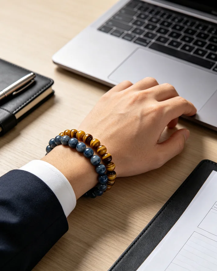 A close-up of a man's wrist wearing premium blue tiger eye and yellow tiger eye beaded bracelets in an office setting.
