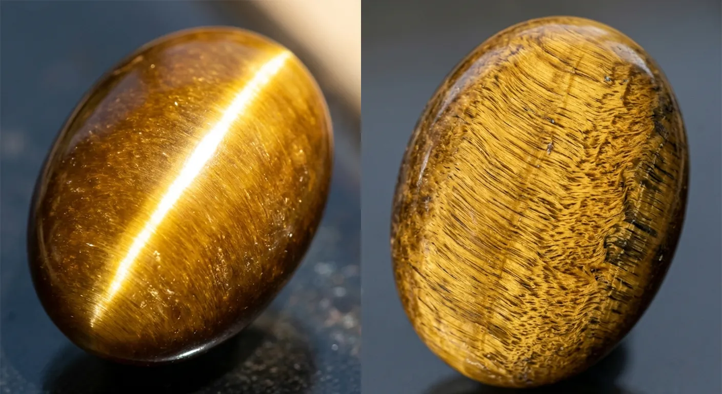 Close-up comparison of two natural yellow tiger eye cabochons showing strong chatoyancy and fibrous texture.
