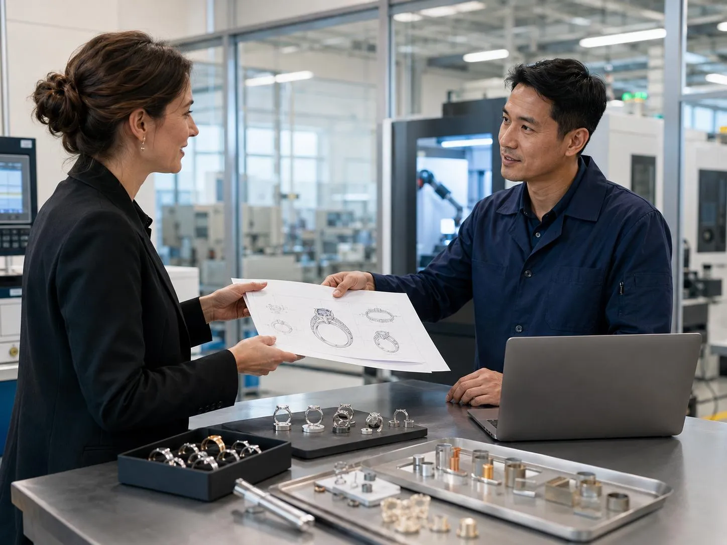 A brand owner discussing custom ring sketches with an OEM jewelry manufacturer in a factory showroom.