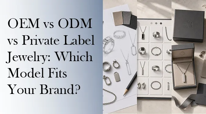 Infographic comparing OEM vs ODM vs Private Label jewelry manufacturing models, showing jewelry sketches, silver rings and necklaces, and a branded packaging box.