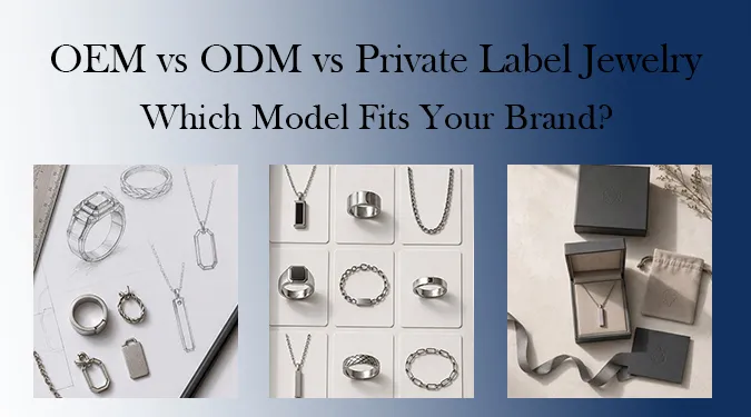 Infographic comparing OEM vs ODM vs Private Label jewelry manufacturing models, showing jewelry sketches, silver rings and necklaces, and a branded packaging box.
