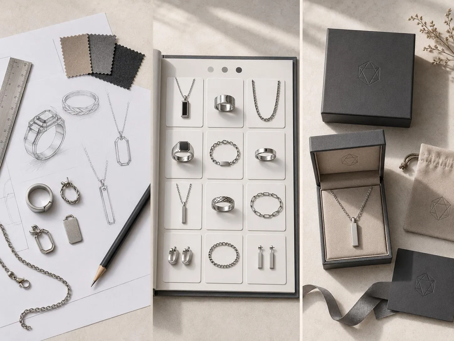 A three-panel comparison showing custom jewelry design sketches, an ODM product catalog, and private label branded packaging.
