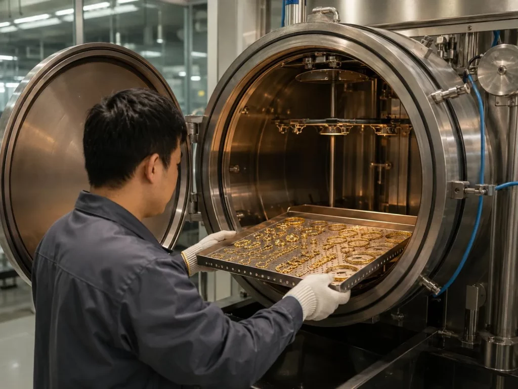 A factory worker loading gold jewelry pieces into a PVD coating vacuum chamber to create tarnish-free jewelry.