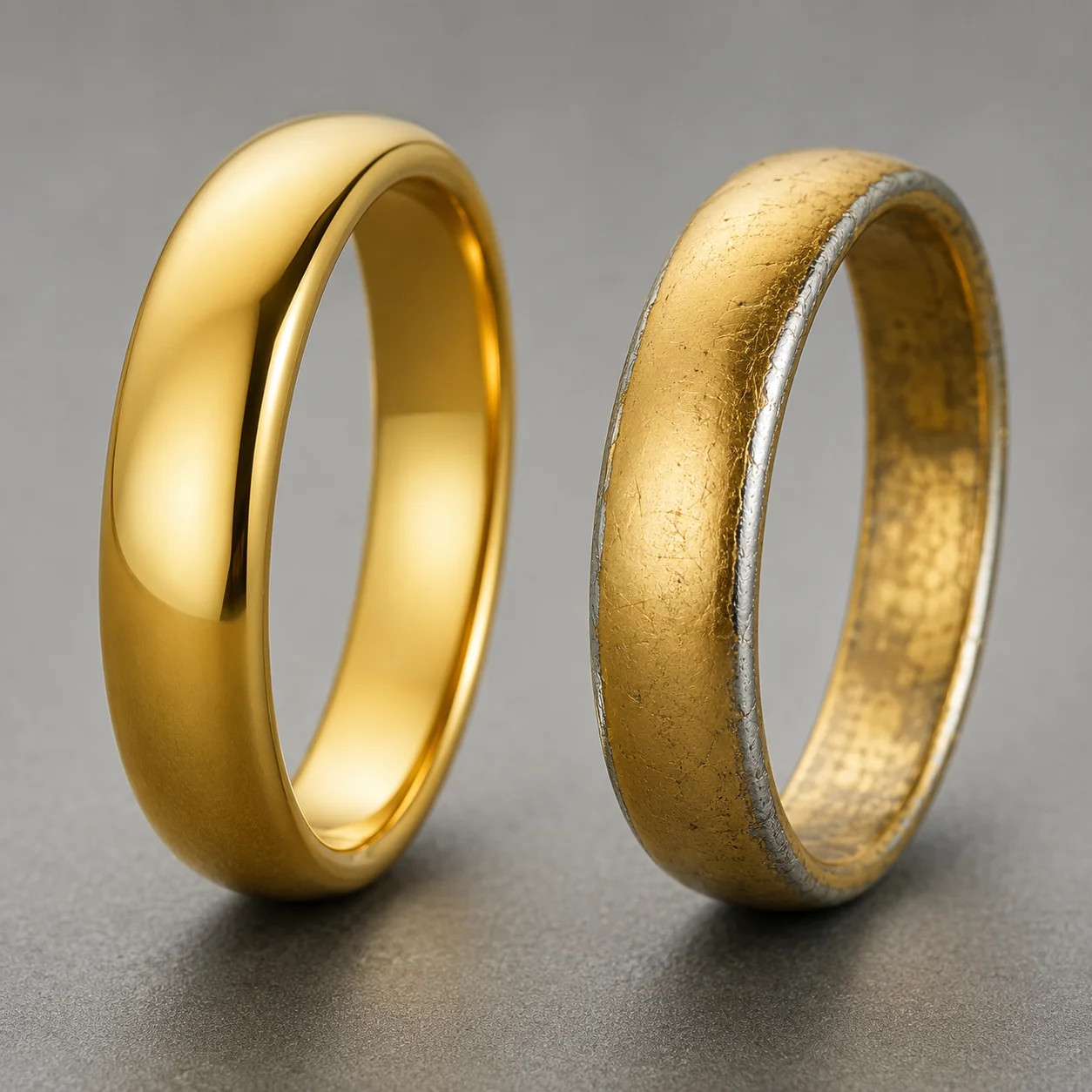 Comparison of a durable gold PVD-coated ring showing a lasting finish and a faded traditional gold-plated ring turning silver at the edges.