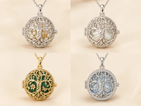 Round tree of life stainless steel locket necklace with pearl, shell, enamel, CZ stone and decorative inlay options for private label jewelry brands.