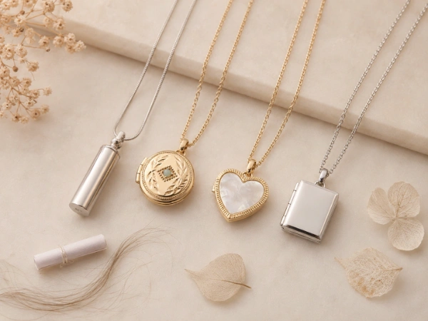 Custom stainless steel sealed memorial locket necklaces with cylindrical container designs for hair, pet fur, ashes and other memorial contents in OEM production.