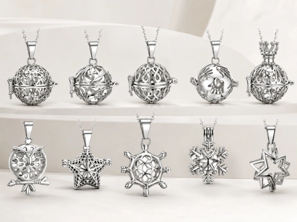 Style options for custom sphere locket necklace in 316L stainless steel, showing multiple openwork pendant designs for OEM manufacturing and private label jewelry brands.