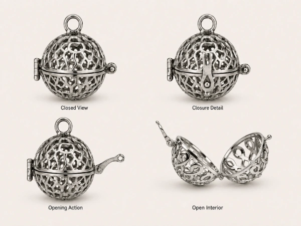 316L stainless steel sphere locket necklace structure with openable hemispherical compartments and secure closure for private label and bulk OEM jewelry production