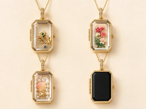 Square stainless steel locket necklace material options with glass covers, dried flowers, pearls, shell details, fixed charms and black inlay for bulk OEM production.
